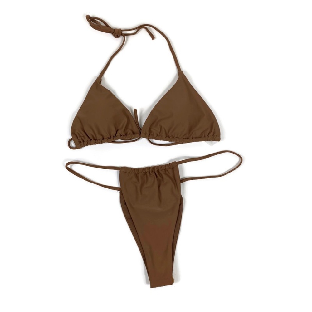 Brown 2 Piece Bikini Set Triangle Top High Cut Bottoms Beachwear Swimsuit